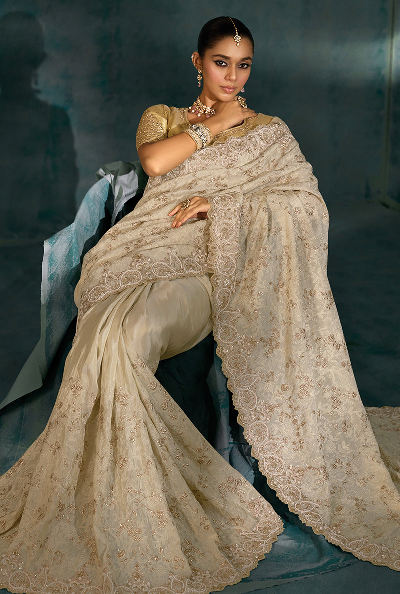 Monjolika Fashion Cream Banarasi Silk With Lakhanvi And Zarkan Work Blend Saree