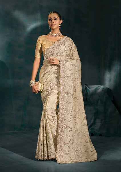 Monjolika Fashion Cream Banarasi Silk With Lakhanvi And Zarkan Work Blend Saree