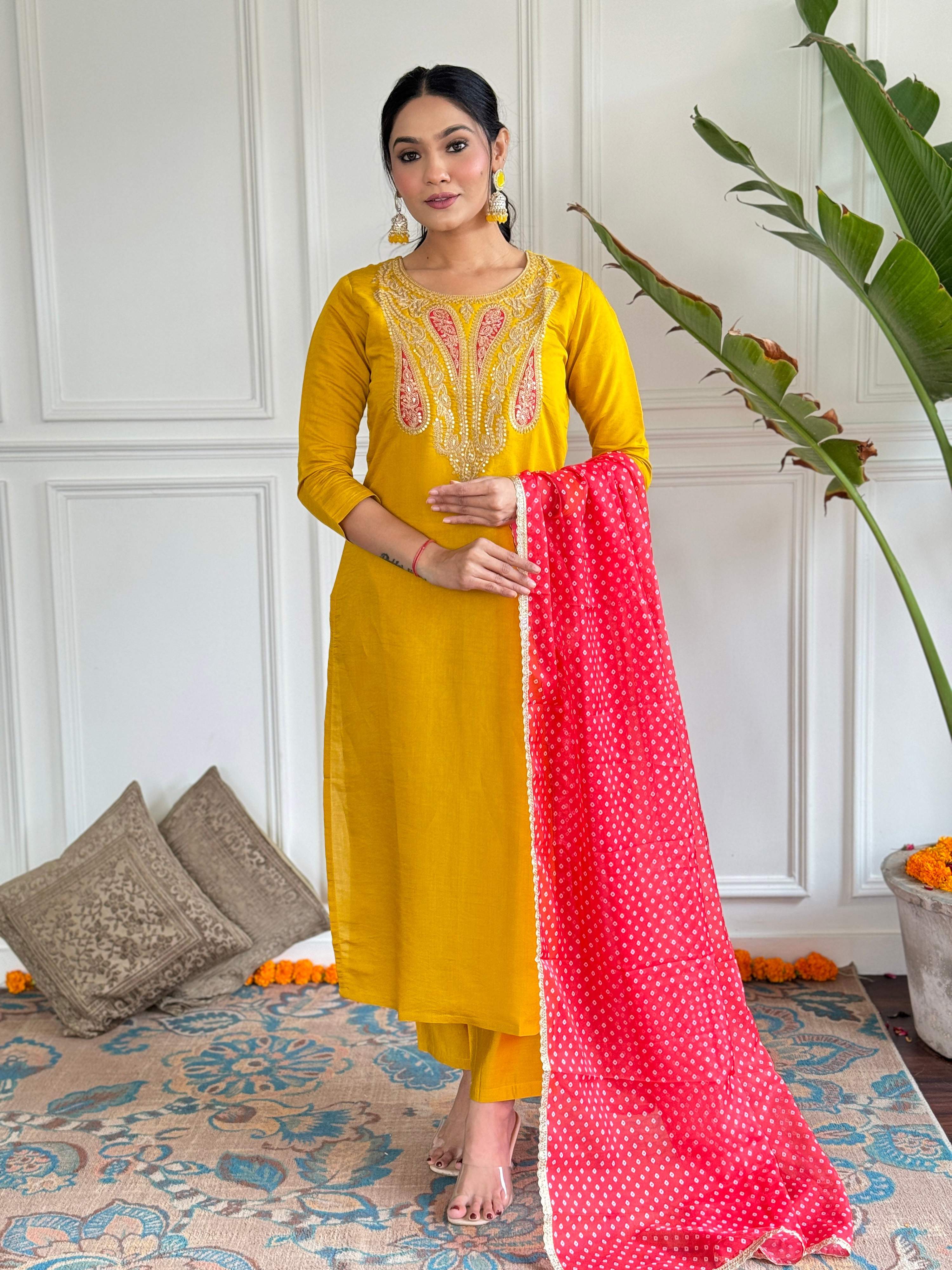 The52 Mustard Embroidered Chanderi Fabric Straight Kurta, Pant and Dupatta Set