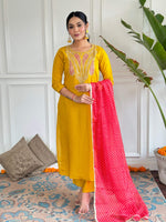 Thumbnail for The52 Mustard Embroidered Chanderi Fabric Straight Kurta, Pant and Dupatta Set