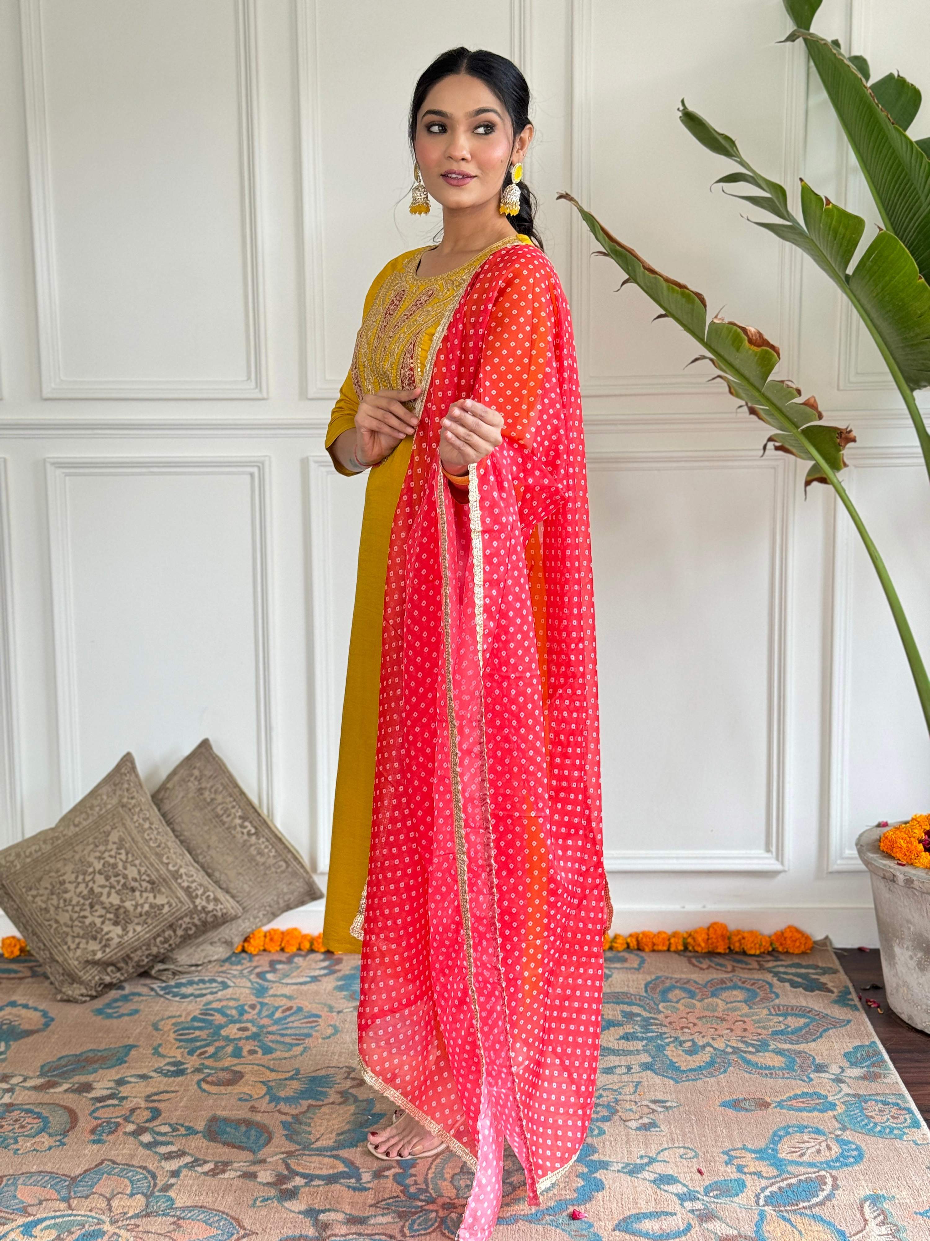 The52 Mustard Embroidered Chanderi Fabric Straight Kurta, Pant and Dupatta Set