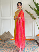 Thumbnail for The52 Mustard Embroidered Chanderi Fabric Straight Kurta, Pant and Dupatta Set