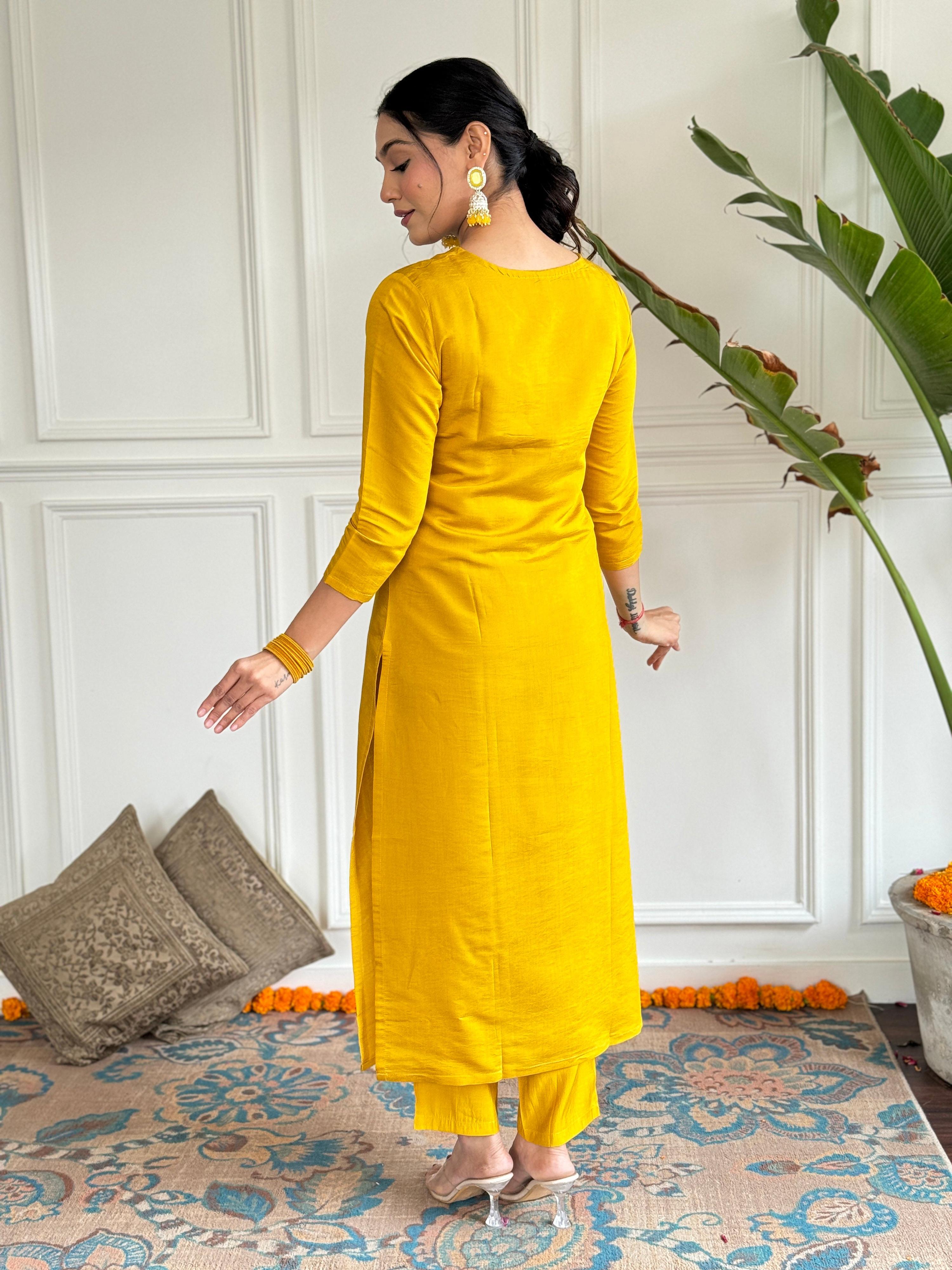 The52 Mustard Embroidered Chanderi Fabric Straight Kurta, Pant and Dupatta Set