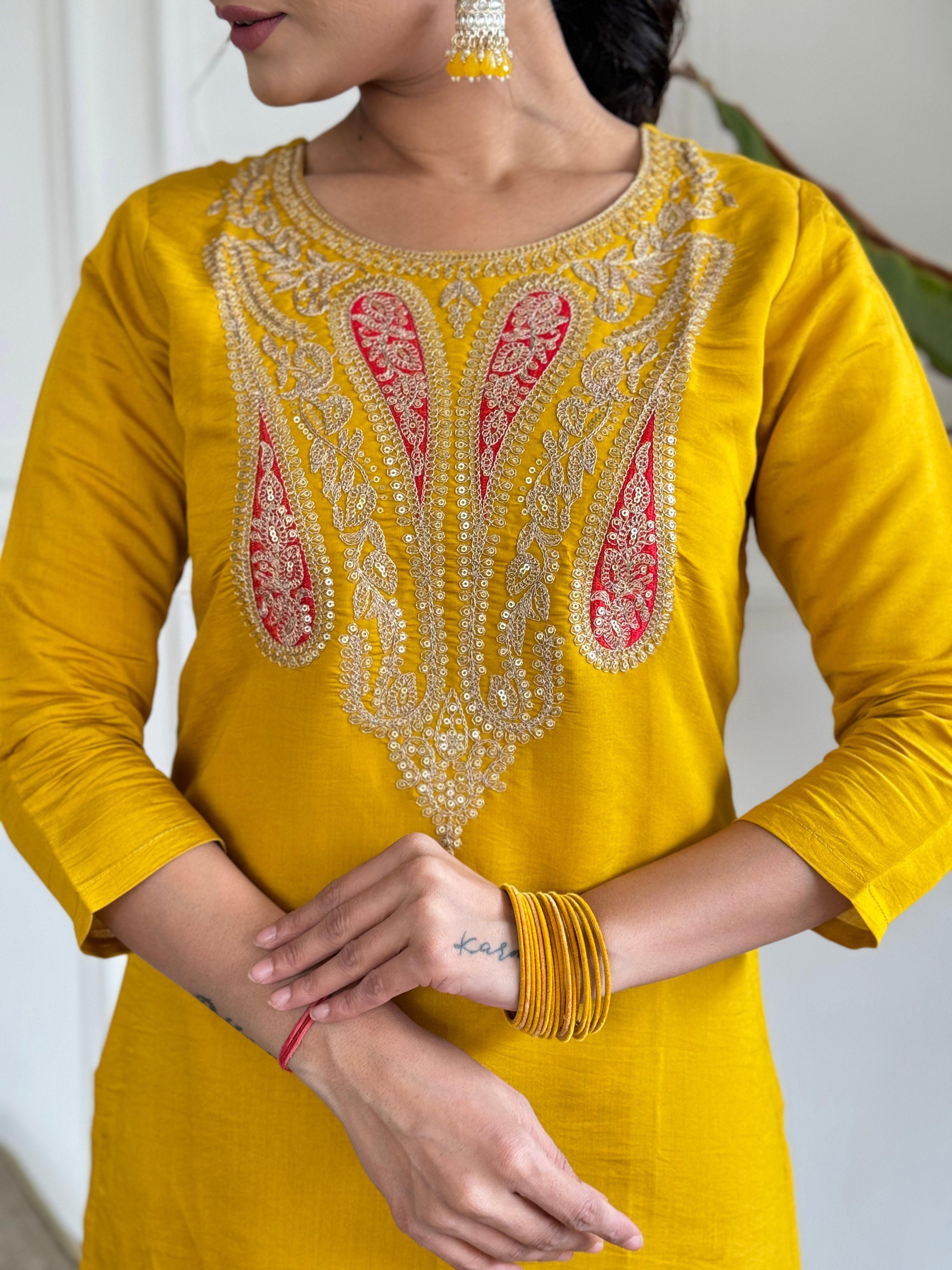 The52 Mustard Embroidered Chanderi Fabric Straight Kurta, Pant and Dupatta Set