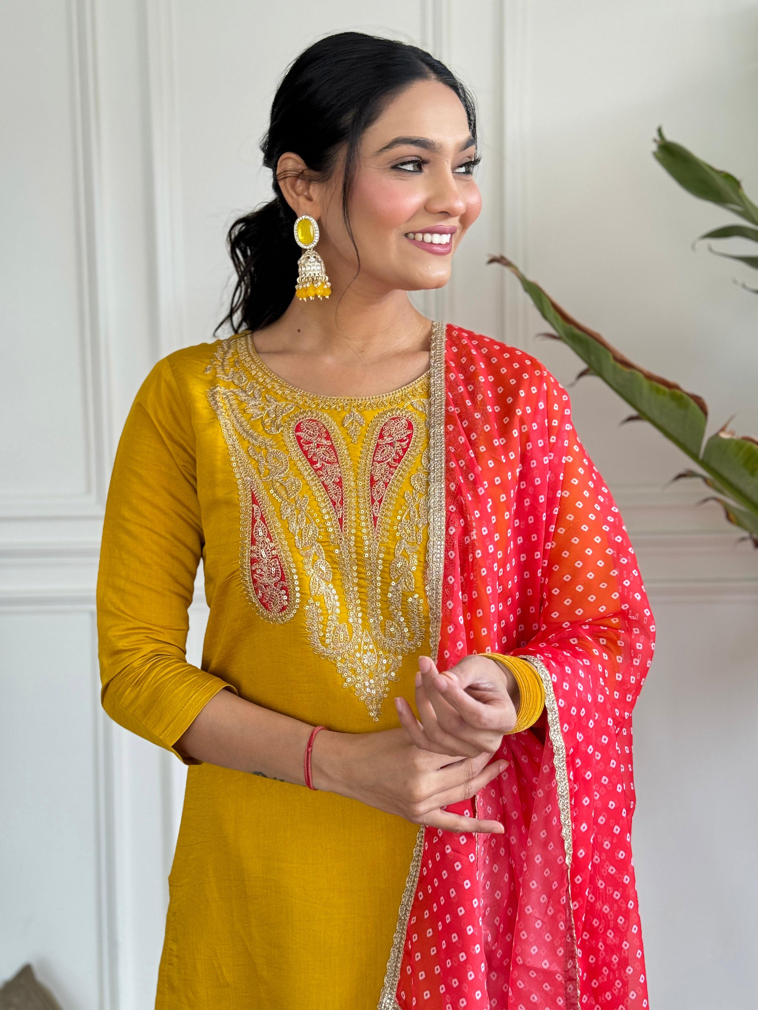 The52 Mustard Embroidered Chanderi Fabric Straight Kurta, Pant and Dupatta Set