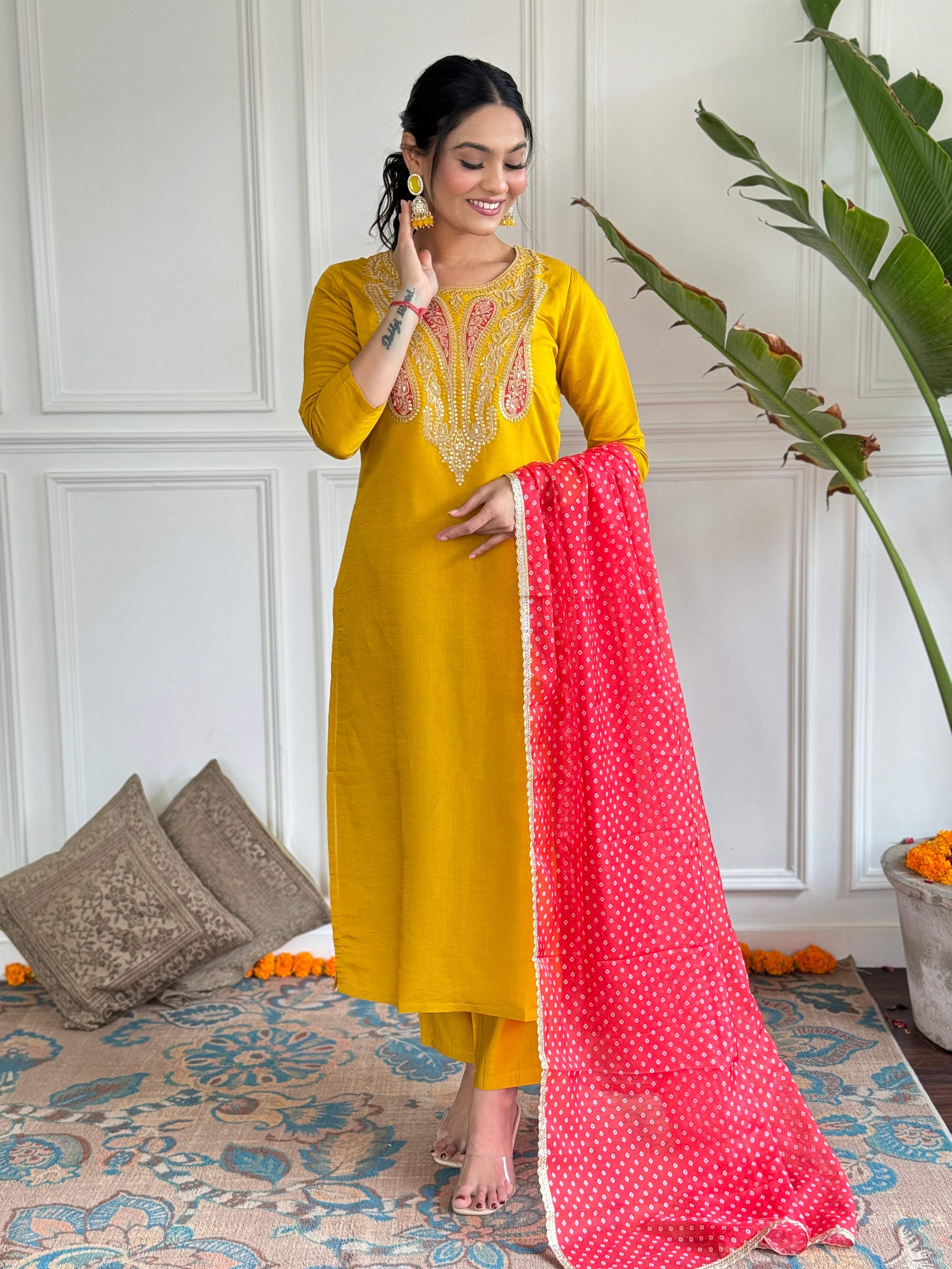 The52 Mustard Embroidered Chanderi Fabric Straight Kurta, Pant and Dupatta Set