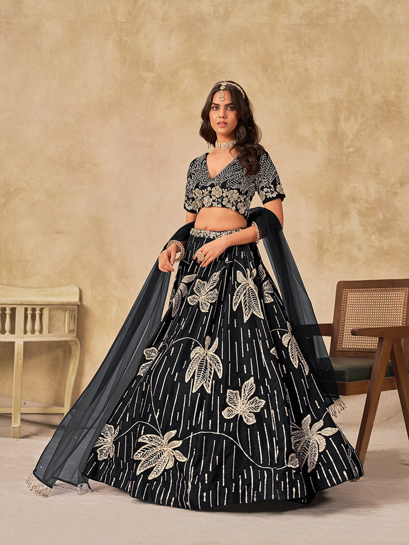 Monjolika Fashion Black Embroidered Art Silk Reception Trendy Lehenga Choli