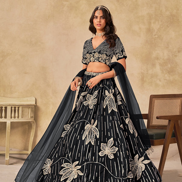 Monjolika Fashion Black Embroidered Art Silk Reception Trendy Lehenga Choli