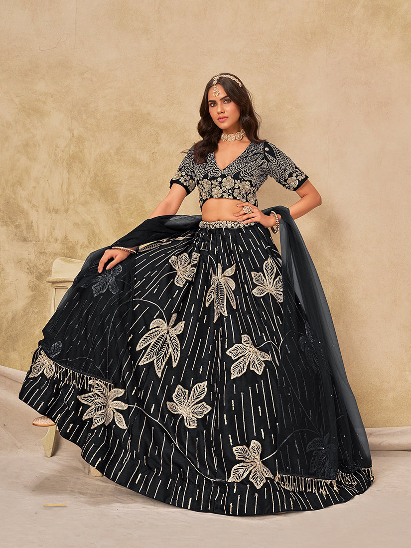 Monjolika Fashion Black Embroidered Art Silk Reception Trendy Lehenga Choli