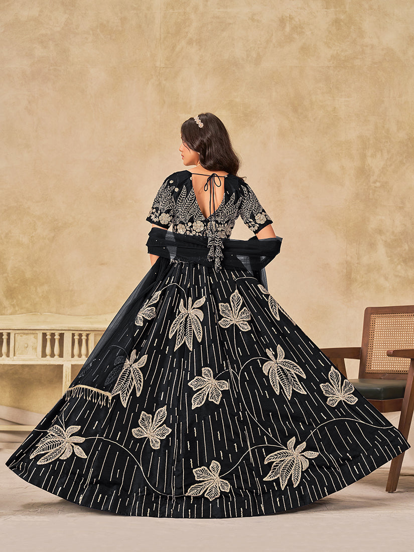 Monjolika Fashion Black Embroidered Art Silk Reception Trendy Lehenga Choli