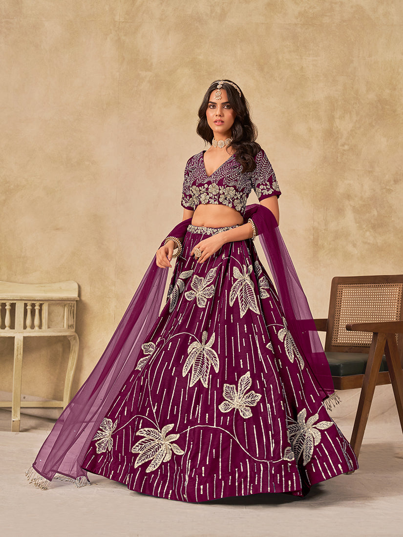 Monjolika Fashion Wine Embroidered Art Silk Reception Trendy Lehenga Choli