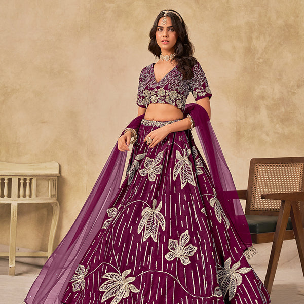Monjolika Fashion Wine Embroidered Art Silk Reception Trendy Lehenga Choli