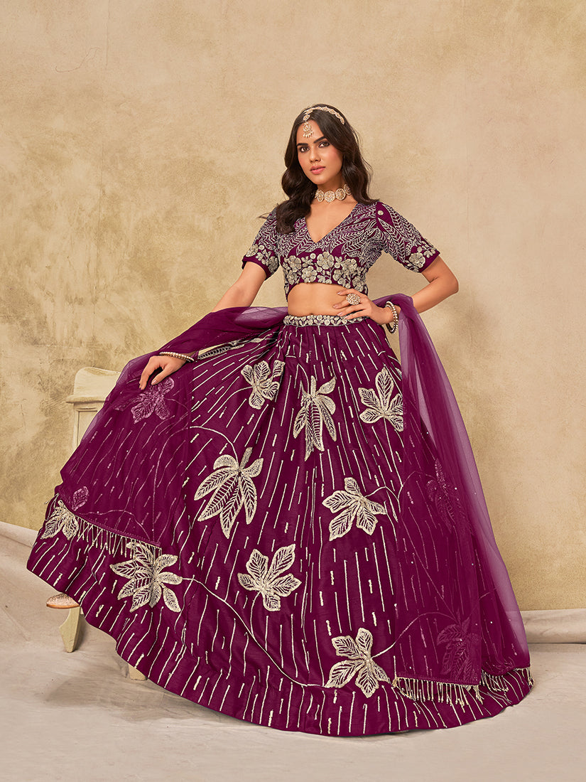Monjolika Fashion Wine Embroidered Art Silk Reception Trendy Lehenga Choli