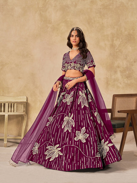 Monjolika Fashion Wine Embroidered Art Silk Reception Trendy Lehenga Choli