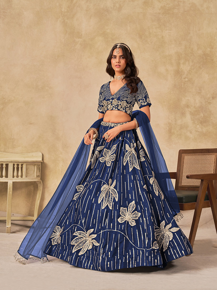 Monjolika Fashion Navy Blue Embroidered Art Silk Reception Trendy Lehenga Choli