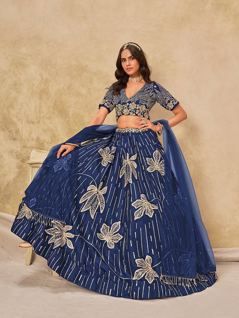 Monjolika Fashion Navy Blue Embroidered Art Silk Reception Trendy Lehenga Choli