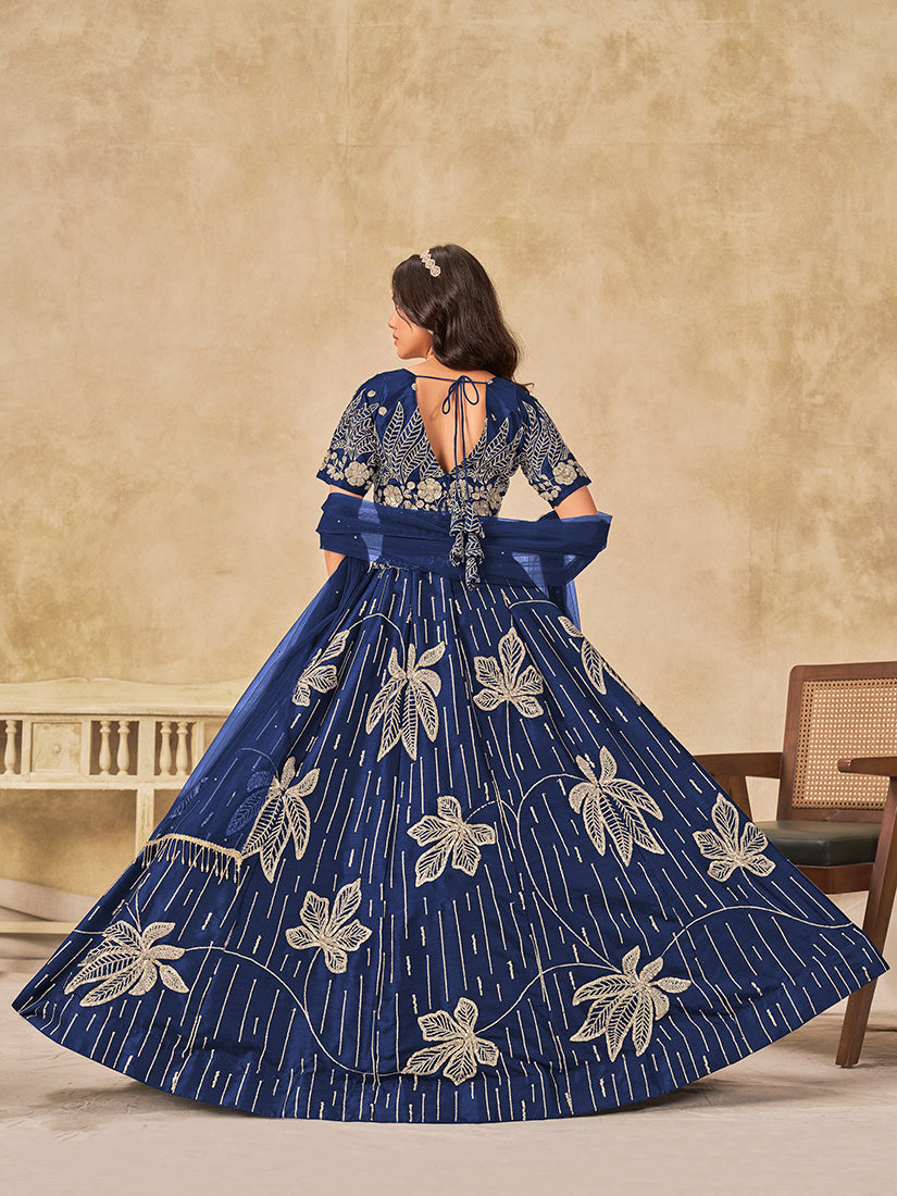 Monjolika Fashion Navy Blue Embroidered Art Silk Reception Trendy Lehenga Choli