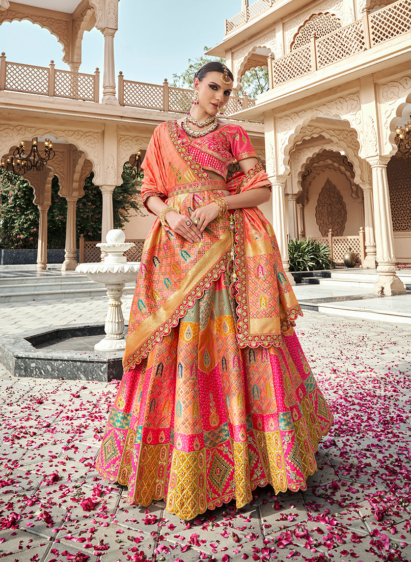 Monjolika Fashion Rani Pink Premium Banarasi Silk With Zarkan & Cutwork Wedding Wear Lehenga