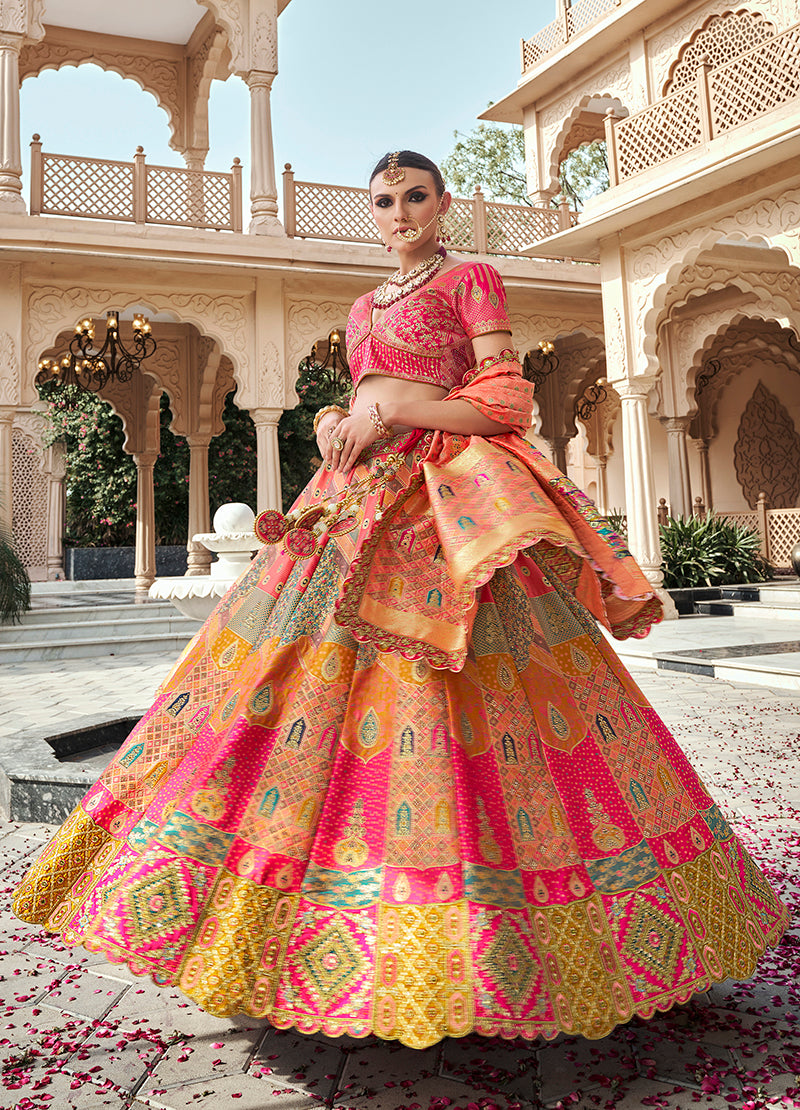 Monjolika Fashion Rani Pink Premium Banarasi Silk With Zarkan & Cutwork Wedding Wear Lehenga