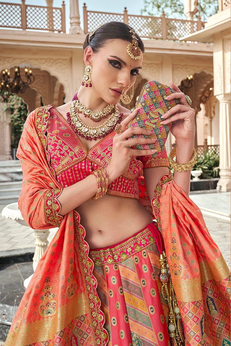 Monjolika Fashion Rani Pink Premium Banarasi Silk With Zarkan & Cutwork Wedding Wear Lehenga