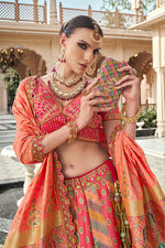 Thumbnail for Monjolika Fashion Rani Pink Premium Banarasi Silk With Zarkan & Cutwork Wedding Wear Lehenga