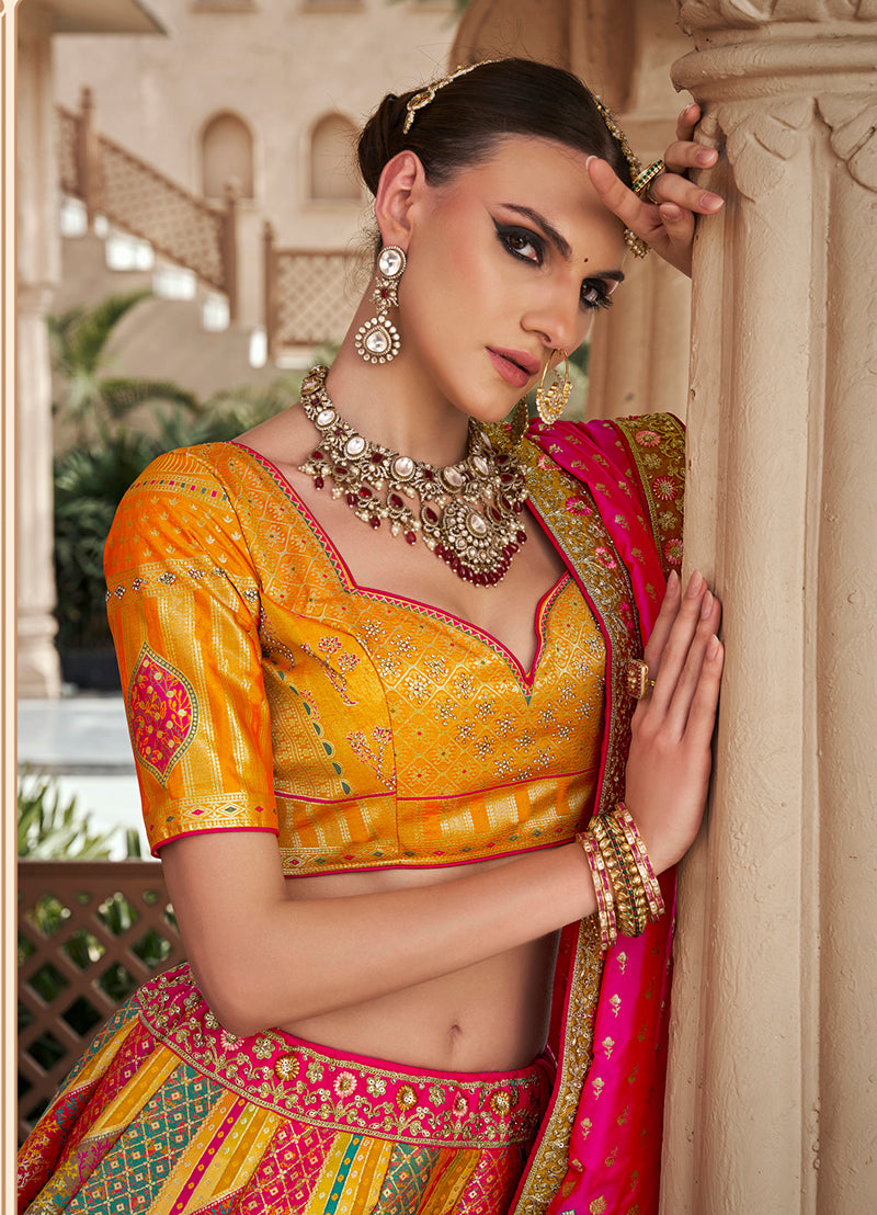 Monjolika Fashion Multicolor Premium Banarasi Silk With Zarkan & Cutwork Wedding Wear Lehenga