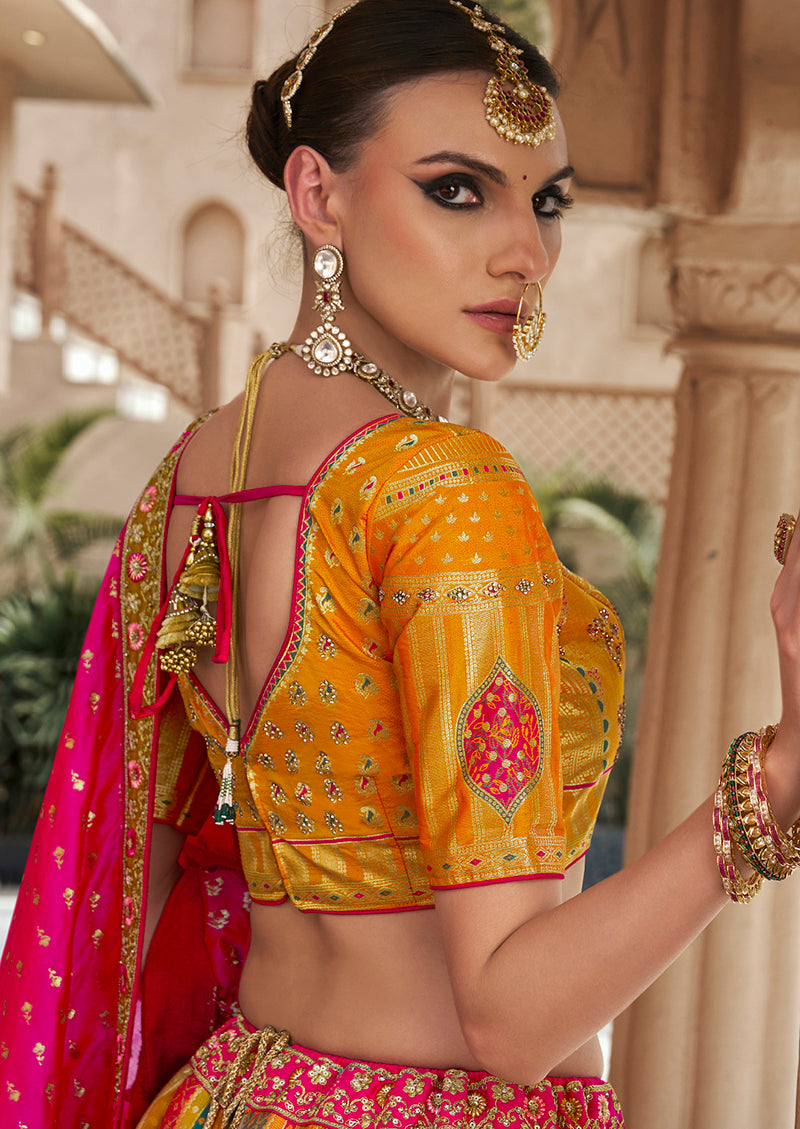 Monjolika Fashion Multicolor Premium Banarasi Silk With Zarkan & Cutwork Wedding Wear Lehenga