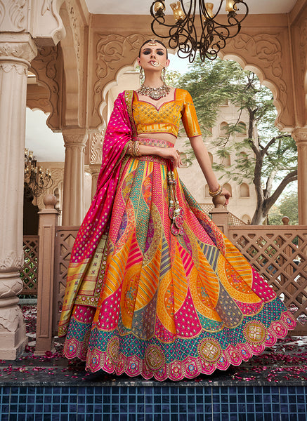 Monjolika Fashion Multicolor Premium Banarasi Silk With Zarkan & Cutwork Wedding Wear Lehenga