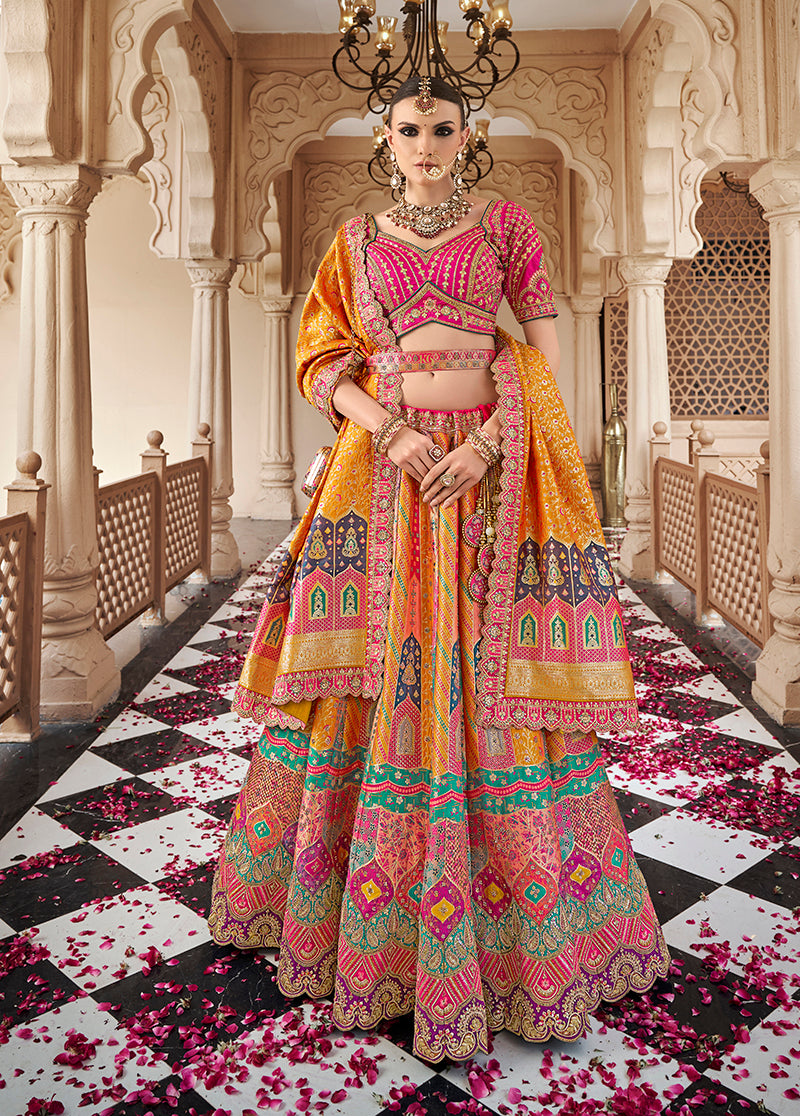 Monjolika Fashion Mustard Multicolor Premium Banarasi Silk With Zarkan & Cutwork Wedding Wear Lehenga