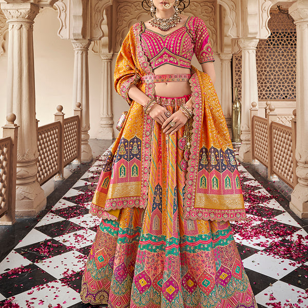 Monjolika Fashion Mustard Multicolor Premium Banarasi Silk With Zarkan & Cutwork Wedding Wear Lehenga - Distacart