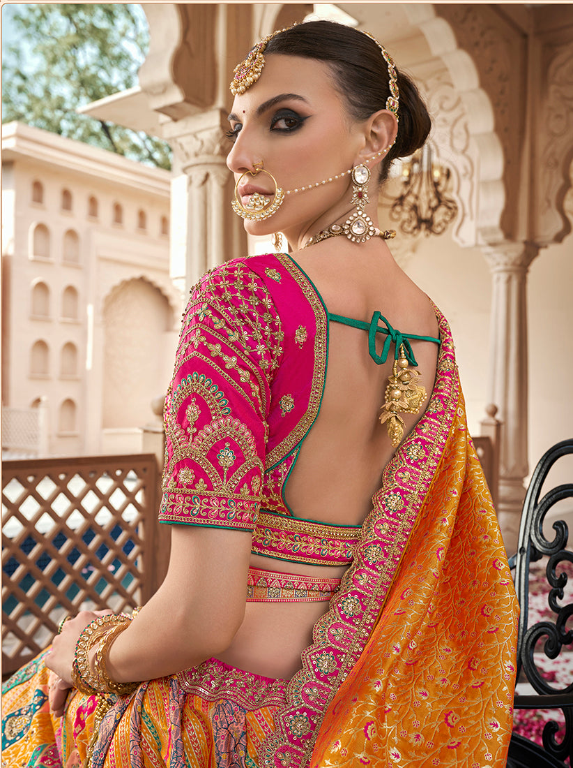 Monjolika Fashion Mustard Multicolor Premium Banarasi Silk With Zarkan & Cutwork Wedding Wear Lehenga