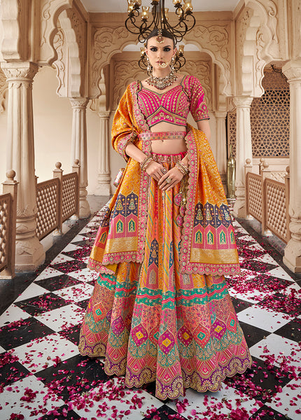 Monjolika Fashion Mustard Multicolor Premium Banarasi Silk With Zarkan & Cutwork Wedding Wear Lehenga