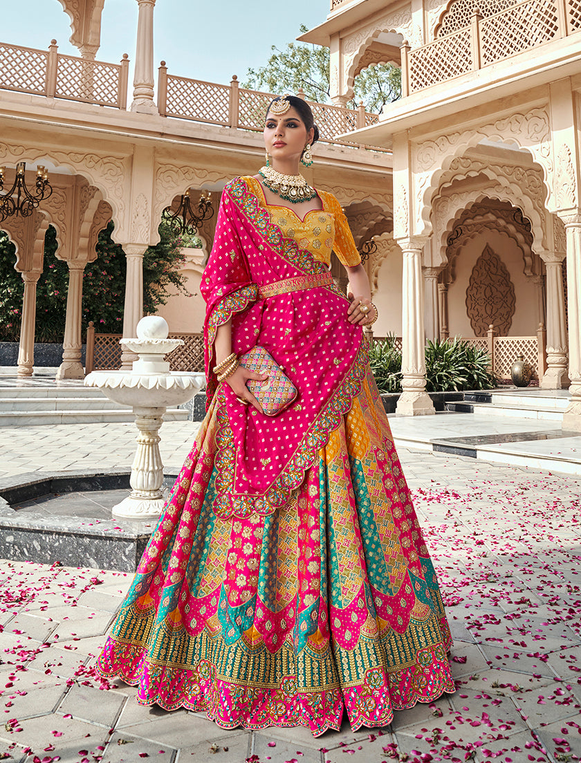 Monjolika Fashion Multicolor Premium Banarasi Silk With Zarkan & Cutwork Wedding Wear Lehenga