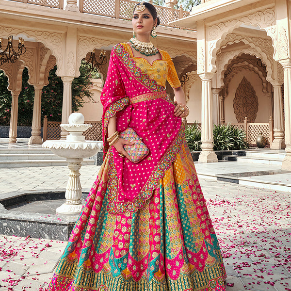 Monjolika Fashion Multicolor Premium Banarasi Silk With Zarkan & Cutwork Wedding Wear Lehenga - Distacart