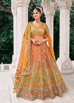 Thumbnail for Monjolika Fashion Rust Orange And Mustard Yellow Silk Bridal With Embroidery And Sequins Work Lehenga - Distacart