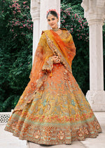 Thumbnail for Monjolika Fashion Rust Orange And Mustard Yellow Silk Bridal With Embroidery And Sequins Work Lehenga - Distacart