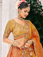 Thumbnail for Monjolika Fashion Rust Orange And Mustard Yellow Silk Bridal With Embroidery And Sequins Work Lehenga - Distacart