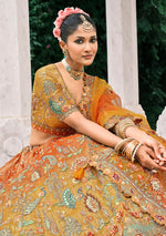 Thumbnail for Monjolika Fashion Rust Orange And Mustard Yellow Silk Bridal With Embroidery And Sequins Work Lehenga - Distacart