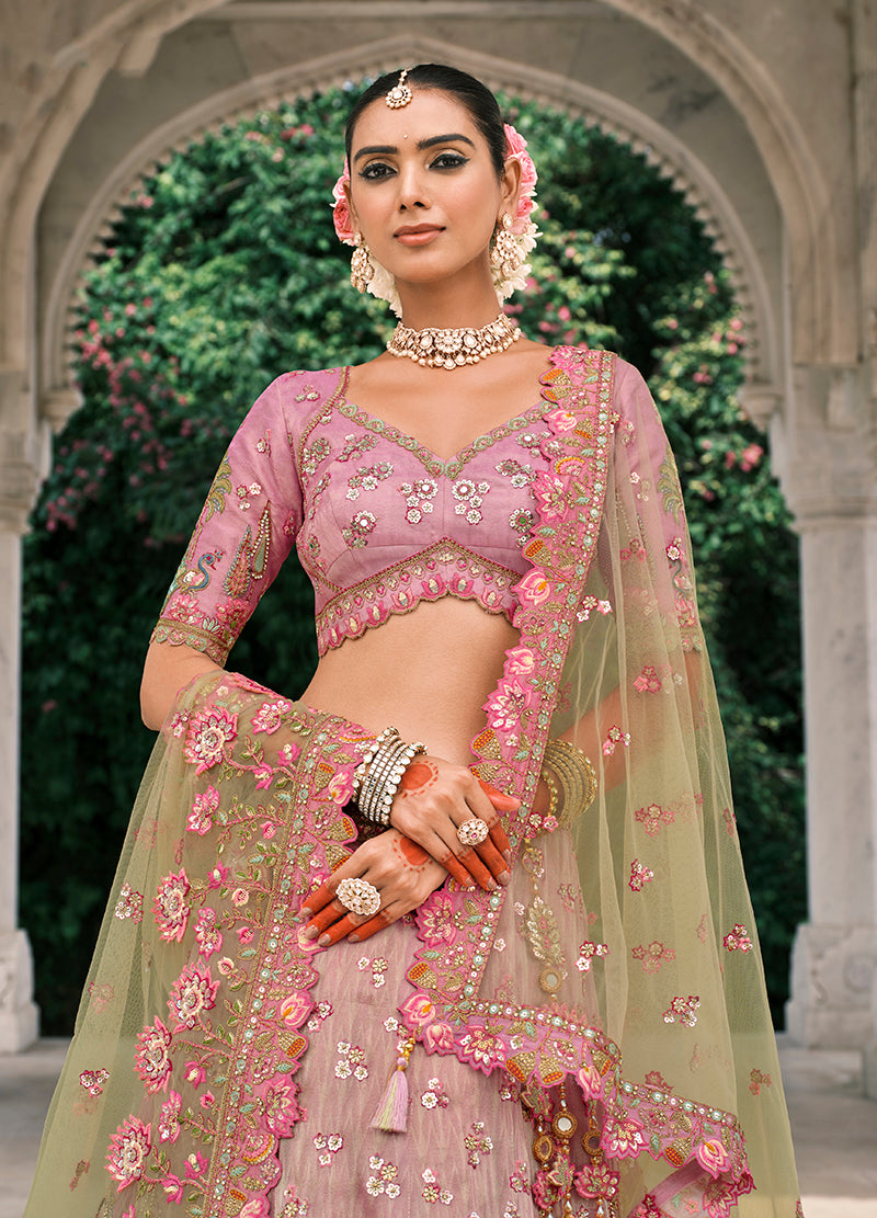 Monjolika Fashion Pink And Light Green Silk Bridal With Embroidery And Sequins Work Lehenga - Distacart
