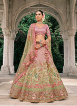 Thumbnail for Monjolika Fashion Pink And Light Green Silk Bridal With Embroidery And Sequins Work Lehenga - Distacart