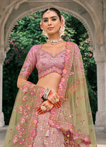 Thumbnail for Monjolika Fashion Pink And Light Green Silk Bridal With Embroidery And Sequins Work Lehenga - Distacart