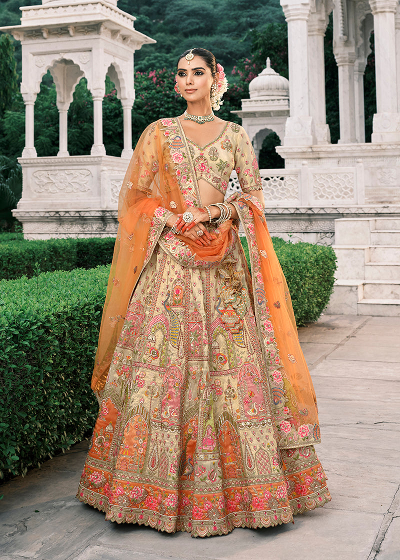 Monjolika Fashion Cream Silk Bridal With Sequins And Moti Work Lehenga