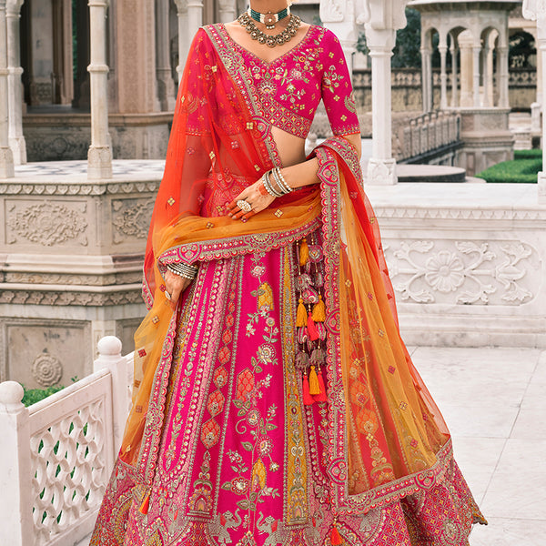Monjolika Fashion Rani Pink Silk Bridal With Sequins Embroidery And Stone Work Lehenga - Distacart