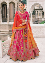 Thumbnail for Monjolika Fashion Rani Pink Silk Bridal With Sequins Embroidery And Stone Work Lehenga - Distacart