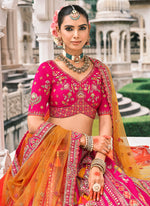 Thumbnail for Monjolika Fashion Rani Pink Silk Bridal With Sequins Embroidery And Stone Work Lehenga - Distacart