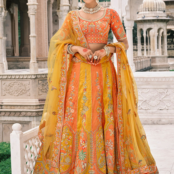 Monjolika Fashion Yellow And Orange Silk Bridal With Sequins Embroidery And Stone Work Lehenga - Distacart