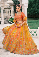 Thumbnail for Monjolika Fashion Yellow And Orange Silk Bridal With Sequins Embroidery And Stone Work Lehenga - Distacart