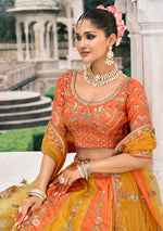 Thumbnail for Monjolika Fashion Yellow And Orange Silk Bridal With Sequins Embroidery And Stone Work Lehenga - Distacart