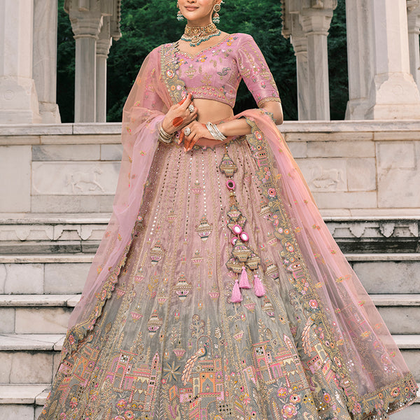 Monjolika Fashion Dusty Pink And Grey Silk Bridal With Thread And Moti Work Lehenga