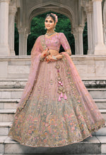 Thumbnail for Monjolika Fashion Dusty Pink And Grey Silk Bridal With Thread And Moti Work Lehenga
